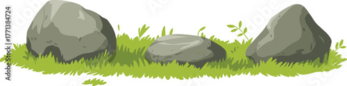 Natural garden stones and green grass landscape illustration, outdoor nature scene with detailed rock textures, decorative vector design background art.