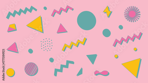 A pastel background with circles triangles zigzags lightning and sun shapes scattered randomly around