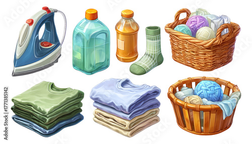 Laundry Essentials Set with Iron, Bottles, Socks, and Clean Clothes Illustration