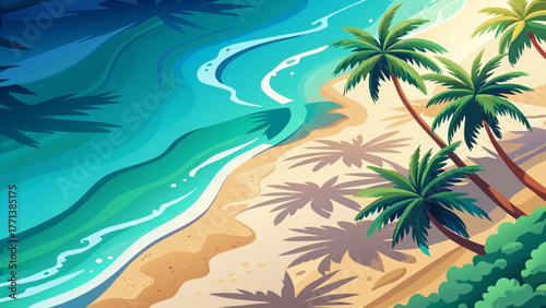 Very beautiful aerial minimalist beach landscape viewed from a drone, showing palm shadows on white sand beside clear turquoise sea with soft ripples and waves, perfect exotic summer banner scene.