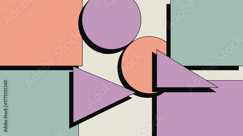Abstract geometric composition with circles squares and triangles in pastel colors and black shadows