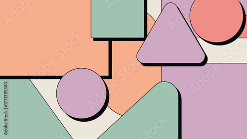 Geometric shapes in pastel colors with black outlines creating a modern abstract design style art