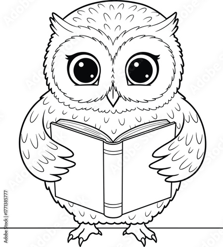 Black and white cartoon owl reading book, educational coloring page, wise bird line art illustration for children, school, learning, literacy design
