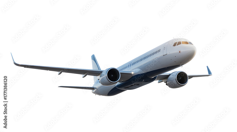 Obraz premium A commercial airplane in flight, viewed from the side, against a clear white background