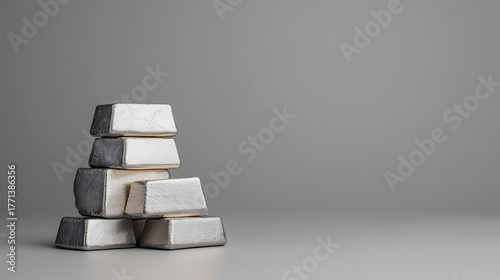 Fototapeta Naklejka Na Ścianę i Meble -  A stack of solid shiny metal bricks sits against a gray background. The bricks are uniformly shaped, creating a sense of stability and order in the abstract composition. It symbolises wealth 