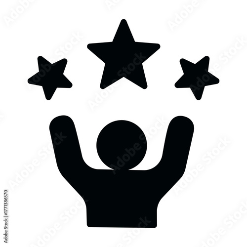 Winner with stars icon vector symbolizing celebration, success, and motivation, manually traced for smooth detail and solid filled black minimalist illustration.