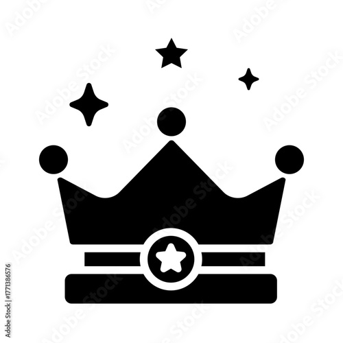 Crown icon vector with stars representing leadership, victory, and premium achievement, manually traced for solid filled black symmetry and clean balance.