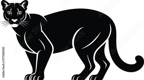 A striking black silhouette of a powerful cougar in a dynamic pose captured as a clean vector graphic isolated on white background