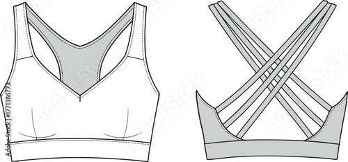 CAD drawing flat vector illustration, fashion flat sketch, women’s sports bra design, apparel technical template, garment construction, clothing outline, activewear design