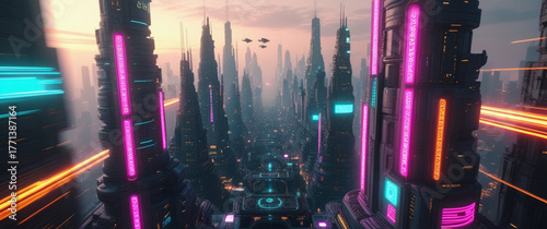 High Angle View of Futuristic City at Sunset with Glowing Neon Lights