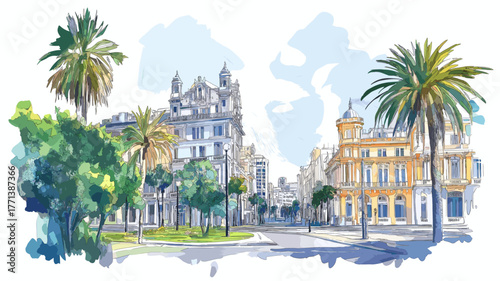 Montevideo ? Ciudad Vieja. Montevideo ? Ciudad Vieja hand drawn watercolor illustration