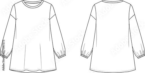 CAD drawing flat vector illustration, fashion technical sketch, long sleeve top design, apparel template, garment construction, clothing outline, textile design