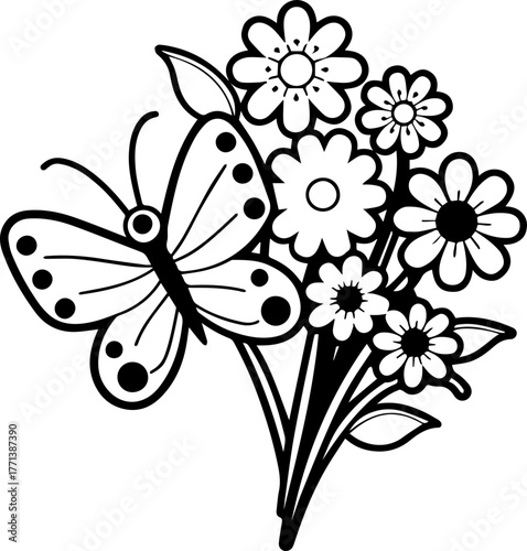 
SVG vector illustration of a butterfly among wildflowers.Elegant Butterfly Surrounded by Floral Designs