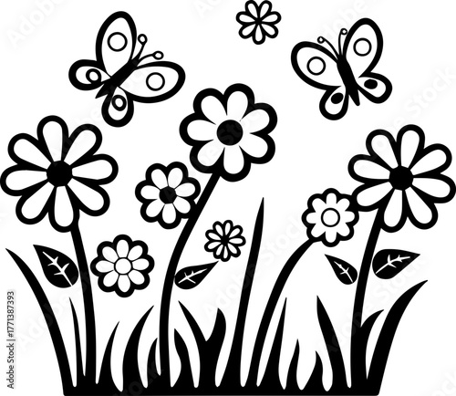 
SVG vector illustration of a butterfly among wildflowers.Butterflies and Flowers Design for Nature Theme