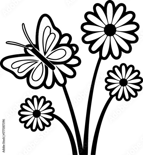 
SVG vector illustration of a butterfly among wildflowers.Butterfly and Flower Line Art in Black and White