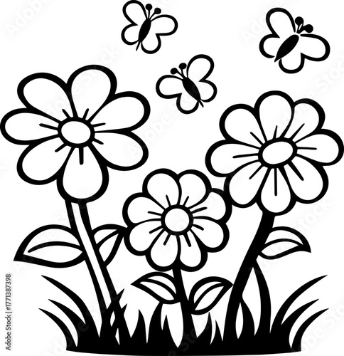 
SVG vector illustration of a butterfly among wildflowers.Butterfly and Flowers in Black and White Design