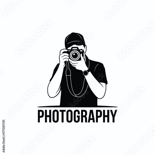 Vector Illustration of Photographer Holding Camera with Bold Photography Text ? Black and White Graphic for Media, Visual Arts, and Creative Professions