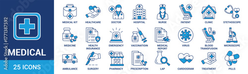 Medical icon set. Containing doctor, medicine, hospital, treatment, healthcare, nurse, pills, clinic and more. Blue vector icons collection.