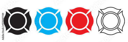Firefighter emblem icon . Colorful firefighter badge icons . Collection of firefighter shield icons in black, blue, red, and outline styles, symbolizing safety, rescue, and emergency services.

