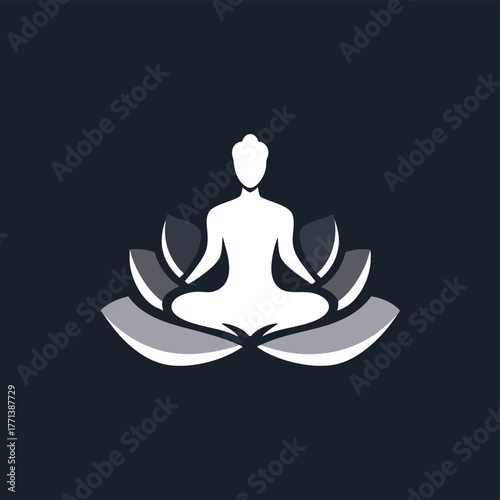 A minimalist white silhouette of a person in a meditation pose, seated within a lotus flower design, symbolizing peace and spiritual practice.