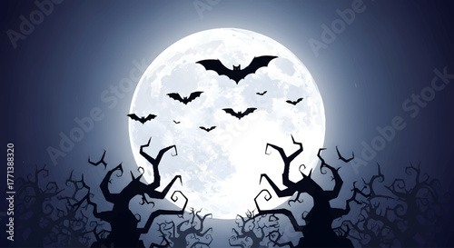 Spooky Full Moon Night With Silhouetted Bats and Trees