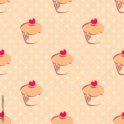 Seamless vector pattern or tile texture with cherry cupcakes and white polka dots on pink background. Hand drawn muffins and sweet cake dessert background for desktop wallpaper, culinary blog website.