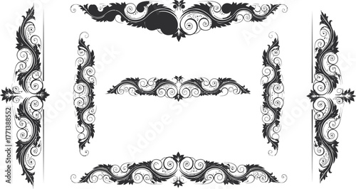 Ornate black and white decorative floral border elements and corner flourishes for vintage design