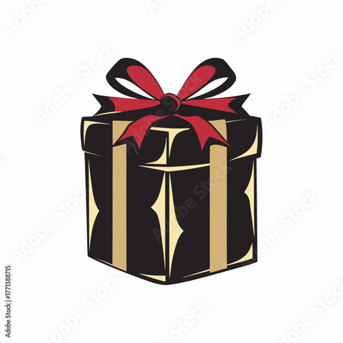 Stylish gift box with red ribbon and gold accents for special occasions. Gift box features elegant black design and shiny finish, perfect for memorable celebrations.
