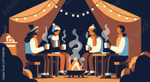 A warm and inviting flat design illustration portraying abstract figures gathered in a cozy setting at the Tollwood Winter Festival, enjoying hot drinks and communal warmth. 