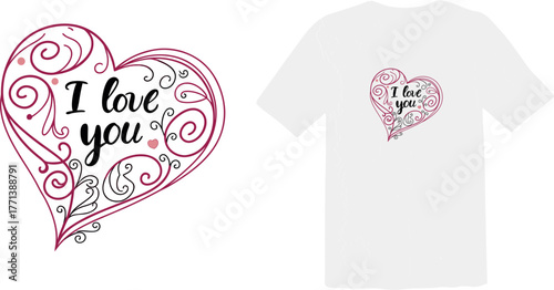"I Love You" Hand-Drawn Filigree Scrollwork Heart Graphic for Romantic Apparel and Valentine's Day