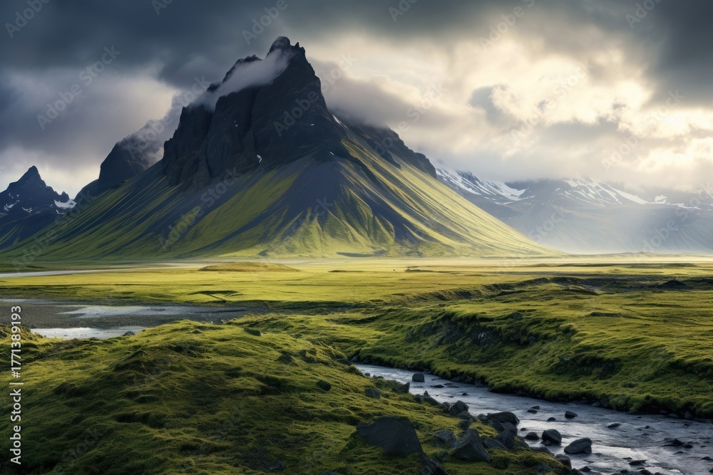 Fototapeta premium Mountain landscape in Iceland grassland panoramic outdoors.