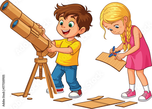 Cartoon children building, homemade telescope project, STEM learning kids, science creativity illustration, teamwork activity, astronomy education, cardboard craft, exploration, imagination, study