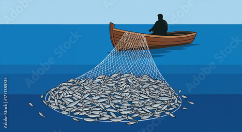Fisherman with a net full of fish in a boat. Biblical story of the miraculous catch. Vector illustration of abundance and harvest