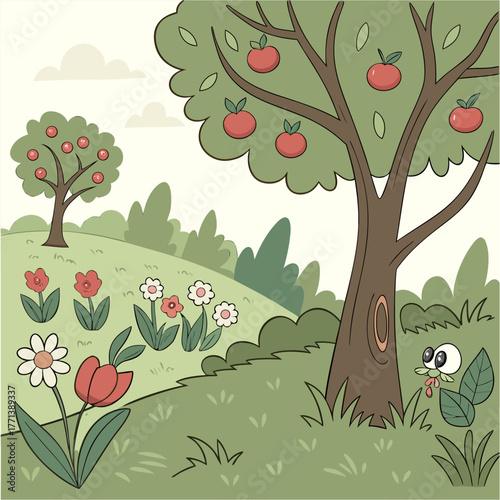 Illustration of an apple orchard with flowers and a curious creature peeking from behind the bush.

