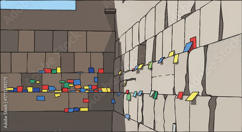 Western Wall in Jerusalem vector illustration. Jewish holy site with prayer notes tucked into the ancient stones. Simplified cartoon graphic of a religious landmark