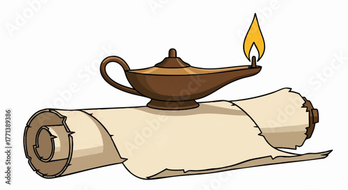 An ancient scroll and a lit oil lamp symbolizing wisdom and knowledge. Vector illustration for history and education. Cartoon graphic isolated on a white background