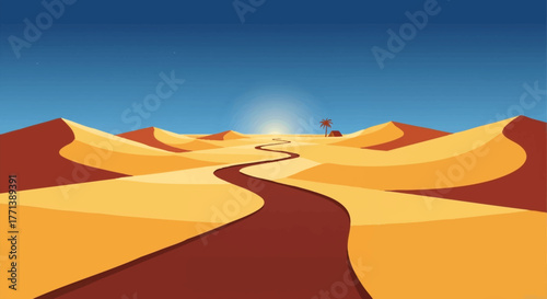 Vector illustration of a desert landscape with a winding path. Journey and adventure concept through sand dunes. Flat design with a sun and oasis on the horizon