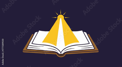Light of knowledge shining from an open book. Vector icon for education, religion, and spiritual guidance. Minimalist flat design illustration