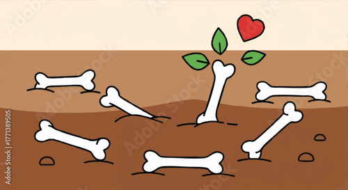 A conceptual illustration of resurrection and new life. A bone buried in the earth sprouts leaves and a heart symbolizing hope and renewal. Simple flat vector design