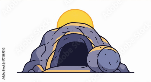 Easter resurrection concept with the empty tomb. Christian symbol of Jesus Christ is risen. Stylized vector illustration with sunrise background