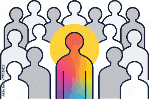 A vibrant individual stands out with a golden glow among a crowd of gray figures.

