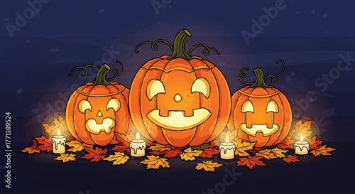 Three glowing jack-o'-lanterns surrounded by autumn leaves and candles