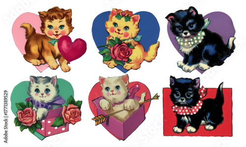 Fototapeta Naklejka Na Ścianę i Meble -  Cute Cartoon Kittens and Puppies with Hearts and Flowers in Colorful Design