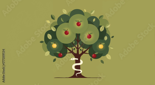 A vector illustration of the Tree of Knowledge in the Garden of Eden. The biblical serpent wrapped around the tree with forbidden apples. A flat design concept of temptation and original sin.