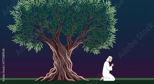 Jesus praying in the Garden of Gethsemane. Biblical vector illustration of a man kneeling by an olive tree at night. Christian faith and Easter story concept.