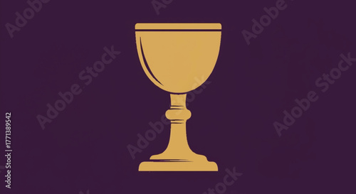 A simple illustration of a golden chalice. Stylized Holy Grail vector icon for religious or fantasy themes. Graphic symbol on a textured purple background