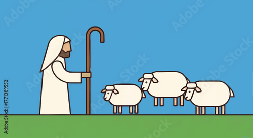 Good Shepherd with a flock of sheep vector illustration. Minimalist flat design of a biblical christian story. Religious graphic for faith and guidance