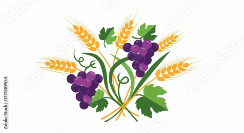 Wheat and grapes vector illustration. A symbol of harvest, abundance, and the eucharist. Flat design graphic isolated on a white background