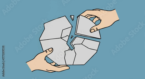 Vector illustration of healing and restoration. Two hands putting together a broken geometric shape. Teamwork and problem-solving concept