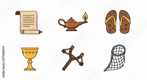 Icon set of ancient tools and biblical objects. Simple cartoon vector illustration of historical symbols